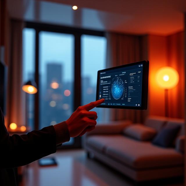 Modern living room with integrated smart home tablet controlling lights