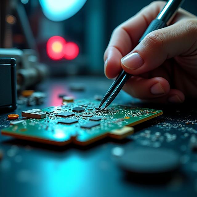 Technician repairing a precision circuit board